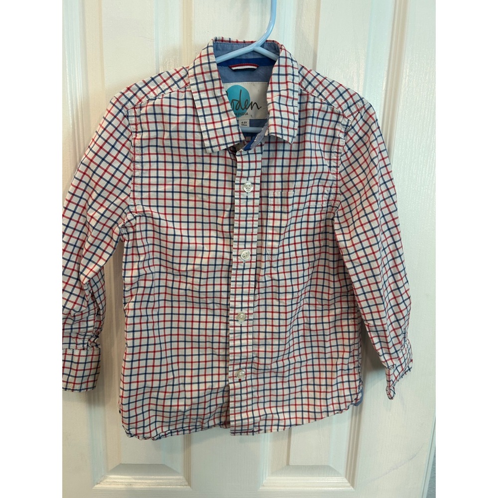 Boden Button Down Shirt Red Blue Windowpane Check Long Sleeve Kids Top 4-5Y